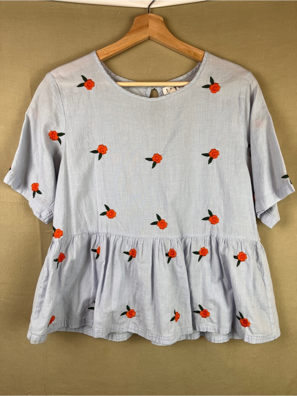 Cotton Light Blue Peplum Top with Orange Floral Embroidery